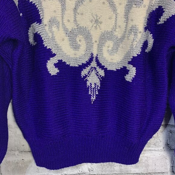 Vintage 80s Jaclyn Smith Blue Silver Metallic Beaded Embellished Sweater - Picture 3 of 14